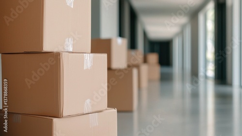 Move in day Concept, Stacked Boxes in a Hallway Awaiting Unpacking in a Modern Office Space