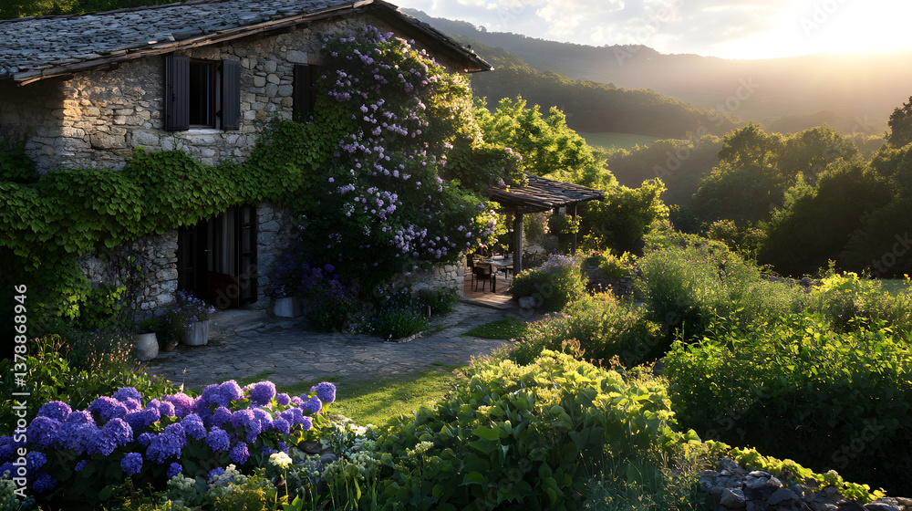 Fototapeta premium A countryside villa with hydrangea-covered stone walls.