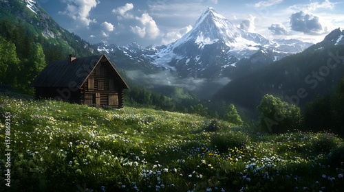 A cozy alpine cabin with wooden shutters, set against a backdrop of snowy peaks and green alpine meadows filled with wildflowers.