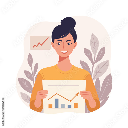 Businesswoman smiling while holding a financial report against greenery  