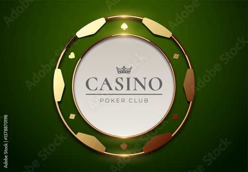Premium poker chip design with gold accents and a sophisticated casino logo. Luxurious gambling concept for branding, online casinos, and poker club advertisements. Set on an elegant green background