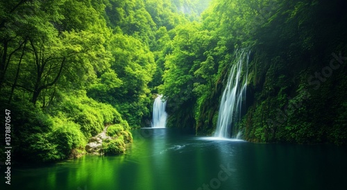 Serene waterfalls cascading in lush green forest landscape