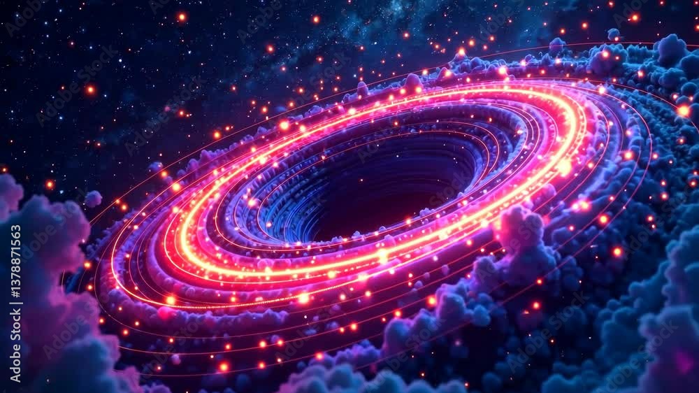 Glowing neon vortex with vibrant rings and clouds in deep space, surreal style, starry cosmic background, concept of galactic energy portal