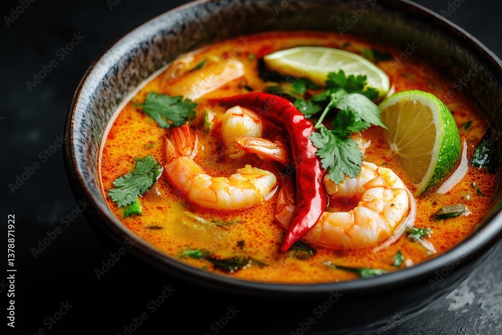 A bowl of tom yum soup with shrimp, lime, chili peppers, and cilantro on a dark background bowl close up A bowl of tom yum soup with shrimp, lime, chili peppers, and cilantro on a dark background bowl close up