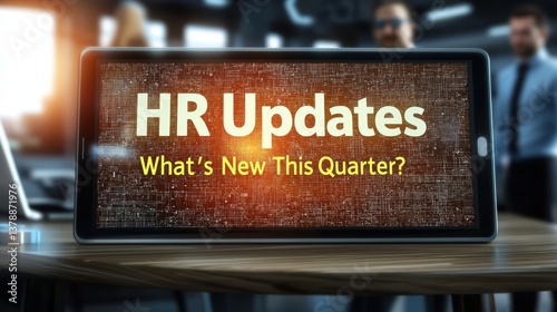 A digital display announces HR updates and quarterly news in a modern office setting, highlighting important information for employees, AI workplace photo