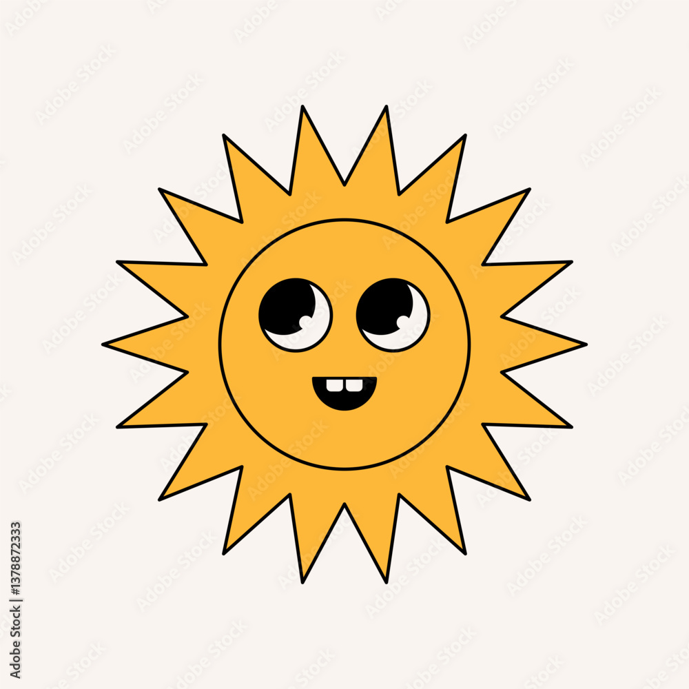 Groovy sun sticker. Retro sunshine with smiling face, funny hippie emoticon, cheerful yellow summer sunny icon. Vector cartoon emotion illustration Groovy sun sticker. Retro sunshine with smiling face, funny hippie emoticon, cheerful yellow summer sunny icon. Vector cartoon emotion illustration