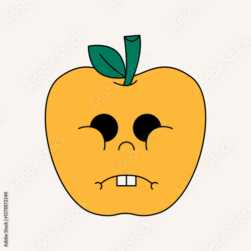 Groovy apple sticker. Cartoon apple funky comic character, cute retro 70s style element with angry face. Vector isolated illustration