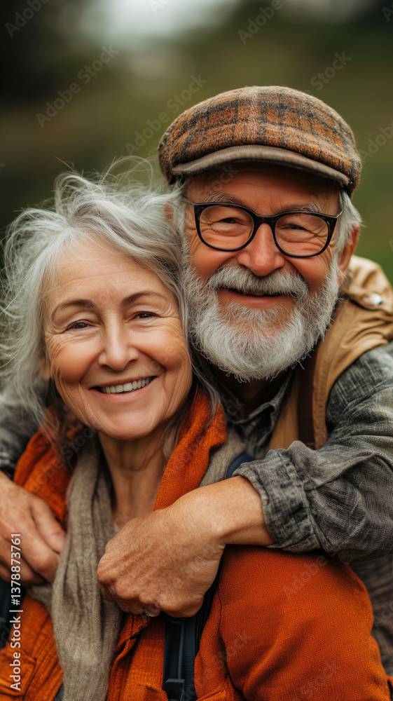 Happy senior couple enjoying a joyful outdoor moment in nature together Happy senior couple enjoying a joyful outdoor moment in nature together