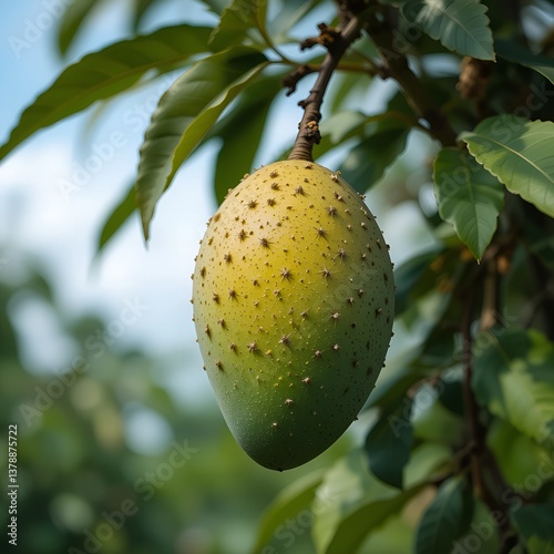 Obraz na płótnie The green mango with trees in branches and green leaf mango is ripe eat and juice in summer season w salonie