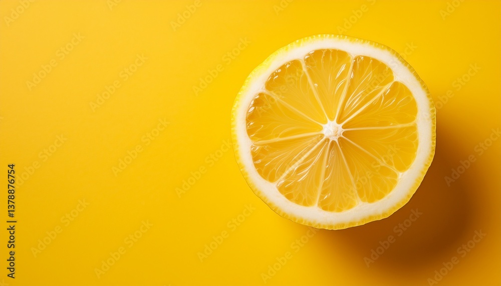 half slice of lemon against a bright yellow background with copy space half slice of lemon against a bright yellow background with copy space