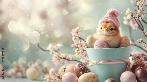 Cute chick in a pink hat. AI.