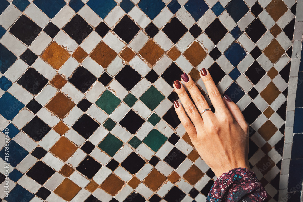 Woman's hand with dark nail polish gently touching an ornate wall covered in traditional moroccan zellige mosaic tiles