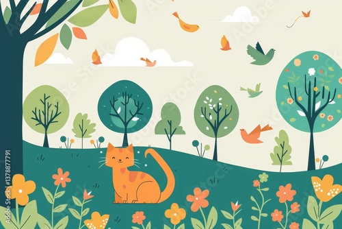 Playful orange cat in a vibrant cartoon forest with birds