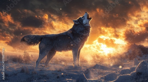Lone wolf howling at sunset in snowy landscape, symbolizing freedom, wilderness, and the beauty of nature's raw power.