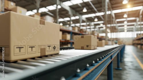 A conveyor belt efficiently transports boxes in a spacious warehouse filled with organized shelves. The atmosphere is busy, showcasing a streamlined distribution process for logistics