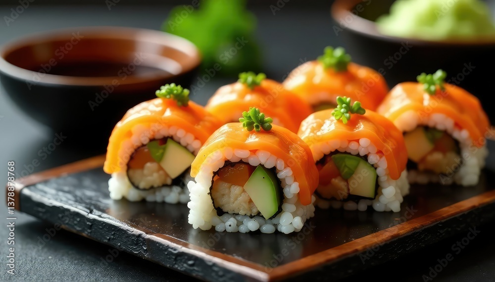 Various sushi rolls, soy sauce, wasabi, ginger, visual, stock photo, japanese food Various sushi rolls, soy sauce, wasabi, ginger, visual, stock photo, japanese food