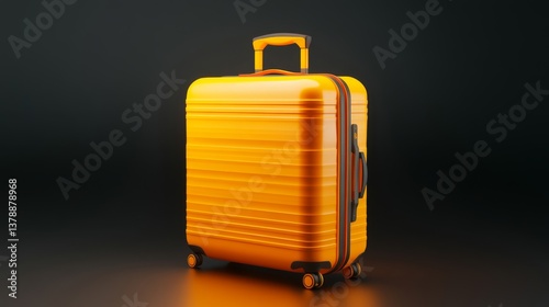 Bright orange rolling suitcase on dark background with dramatic lighting