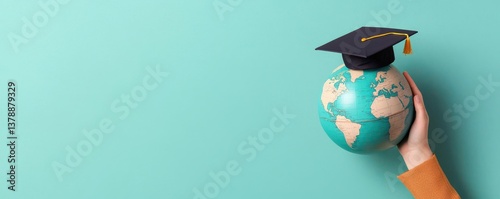 A hand holds a globe wearing a graduation cap against a turquoise background, symbolizing education and global awareness.