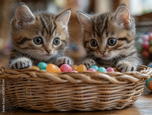 Two kittens looking at colorful candies. AI.