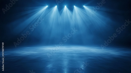 Dramatic dark blue stage illumination, spotlights creating a captivating ambiance for performance