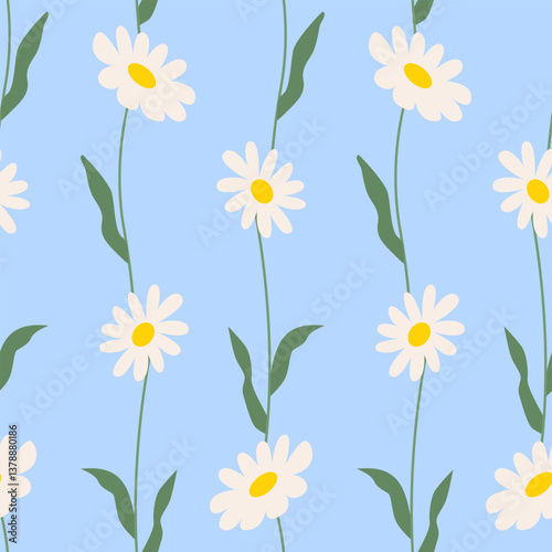 Spring seamless pattern with chamomile flower branches and leaves. Botanical blossom vector flat background. Floral wallpaper for textile, fabric design, fashion and other surfaces