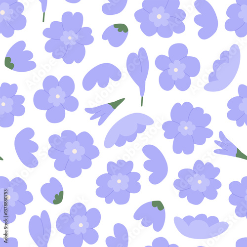 Botanical seamless pattern with purple flower buds and petals. Vector flat background