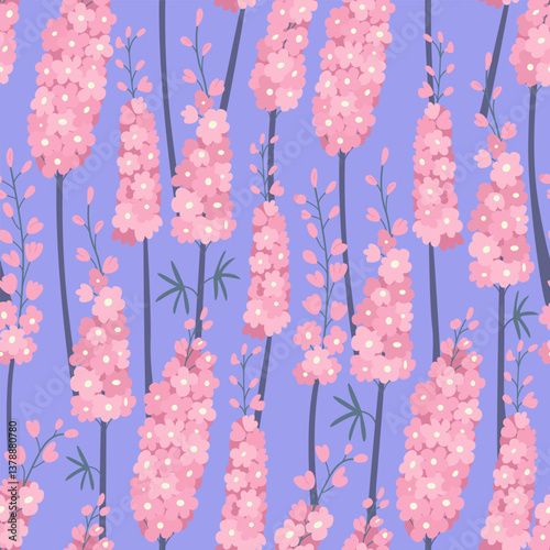 Seamless pattern with pink delphinium flowers. Botanical vector flat background. Spring blooming floral illustration
