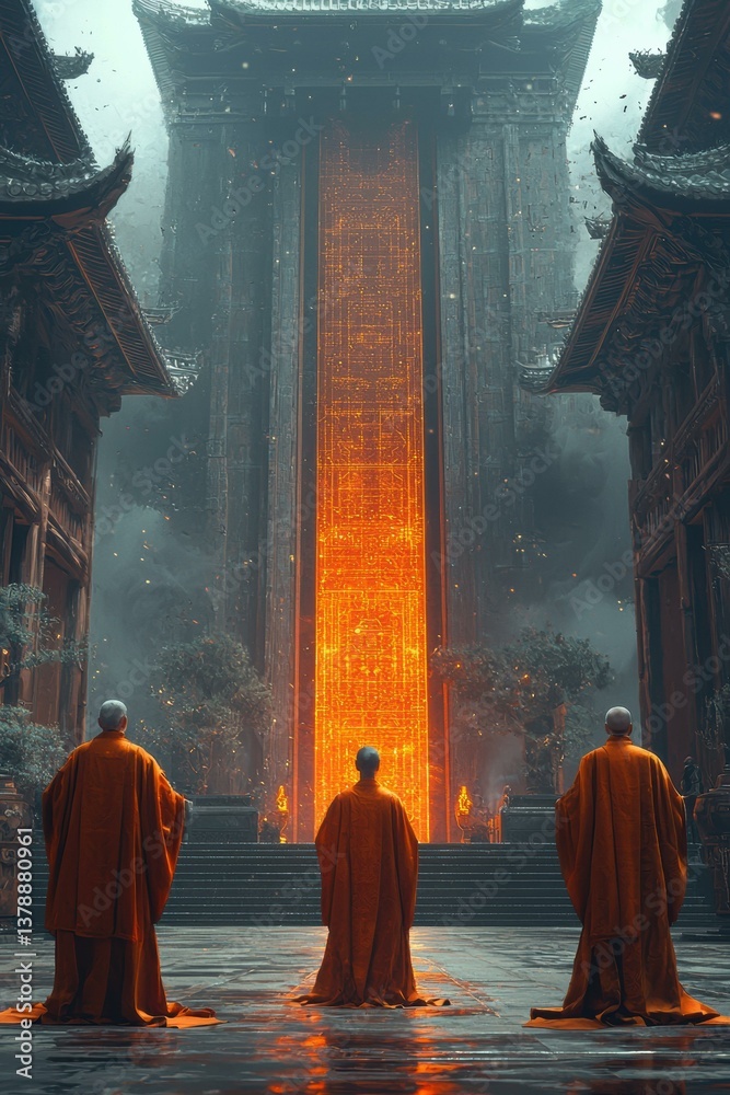 Monks walking through a futuristic city. AI.