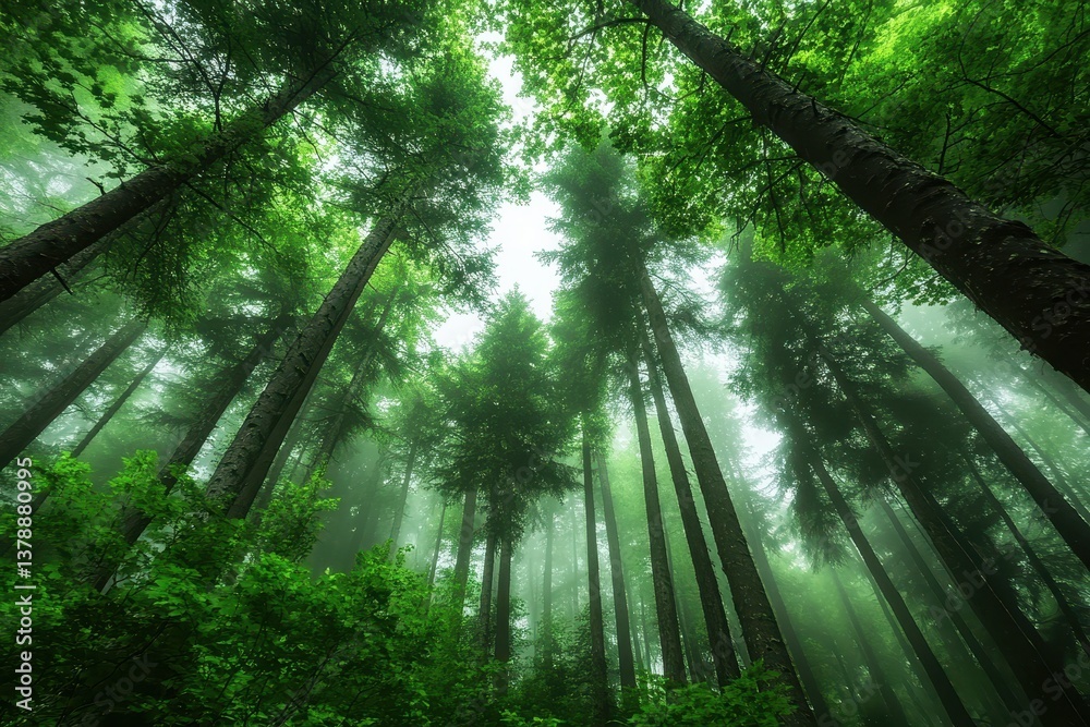 Fototapeta premium A dense forest with vibrant green foliage featuring trees stretching towards the sky in the background Dense forests clinging to towering slopes .