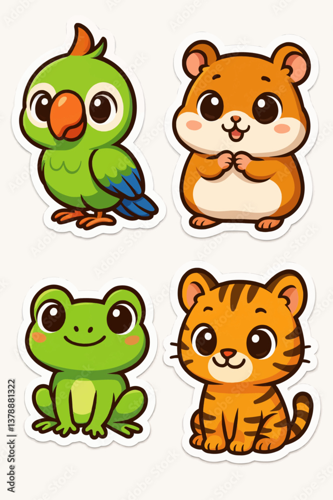 Set of cute cartoon animal characters including a parrot, a hamster, a frog and a tiger, illustrated in a playful and colorful sticker design for children, fun and education purposes Set of cute cartoon animal characters including a parrot, a hamster, a frog and a tiger, illustrated in a playful and colorful sticker design for children, fun and education purposes