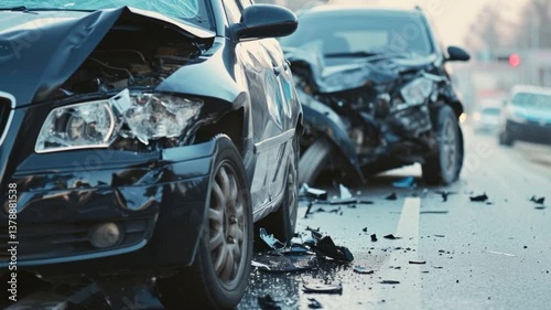 Two cars are involved in a collision on a busy city street, resulting in significant damage and debris scattered across the road as onlookers assess the situation