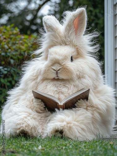 Fluffy bunny reading a book. AI.