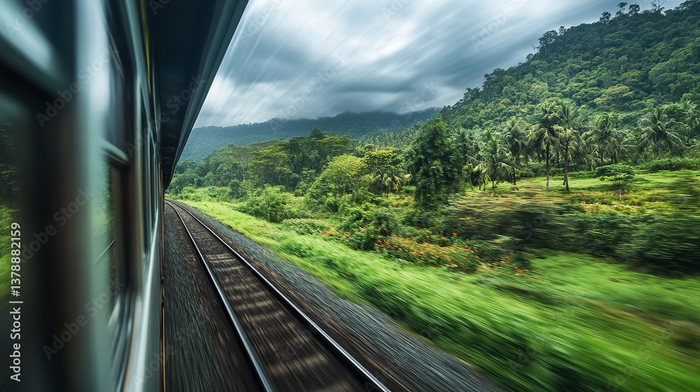 Fototapeta premium Tropical Rainforest Train Journey Lush Green Landscape View from Moving Train Window Scenic Nature Travel Photography Dramatic Clouds sky blur palm