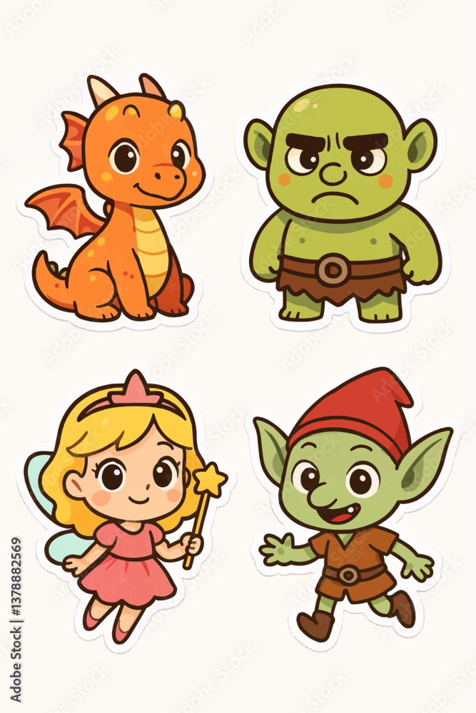 Naklejka premium Collection of four cute chibi-style cartoon stickers featuring a dragon, an ogre, a fairy and a goblin, designed with vibrant colors and minimalist background, ideal for children