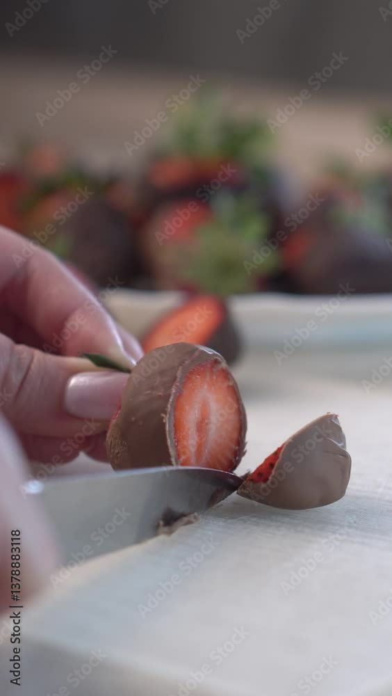 cutting chocolate covered strawberries at home in the kitchen