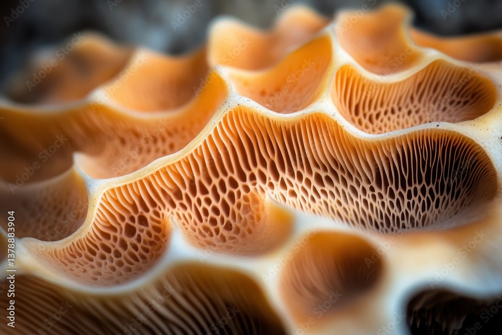 A detailed photograph showcasing a mushroom up close with a blurred background creating a shallow depth of field effect Closeup shot of a mushrooms gills . A detailed photograph showcasing a mushroom up close with a blurred background creating a shallow depth of field effect Closeup shot of a mushrooms gills .