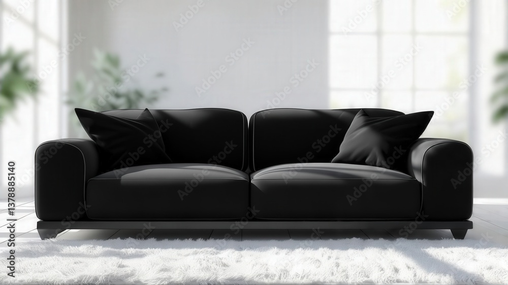 Fototapeta premium Modern black sofa with plush cushions in a bright living room interior, featuring large windows and soft white rug