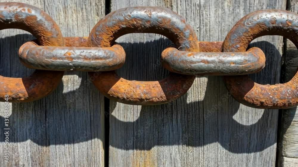 Rusty metal chain linked to a weathered wooden fence in sunlit outdoor setting Rusty metal chain linked to a weathered wooden fence in sunlit outdoor setting