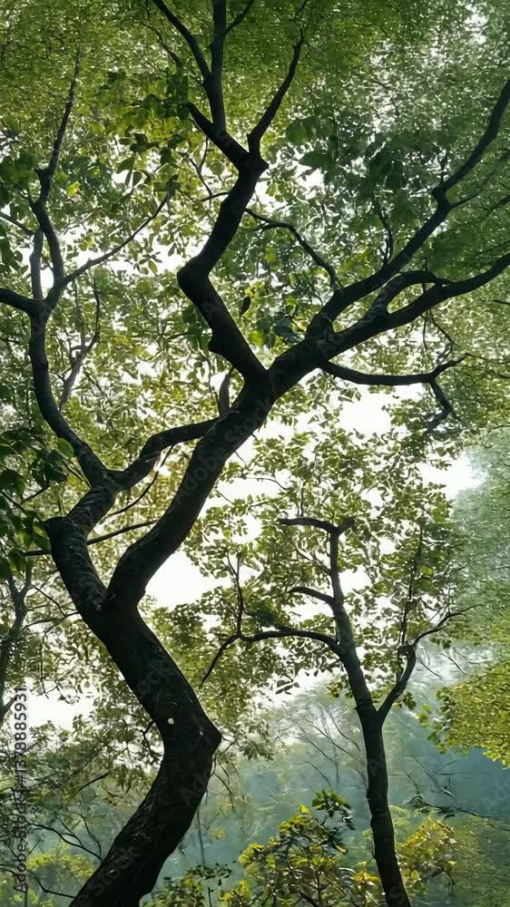 Lush green trees reaching towards a bright sky in a serene forest during the early afternoon Lush green trees reaching towards a bright sky in a serene forest during the early afternoon