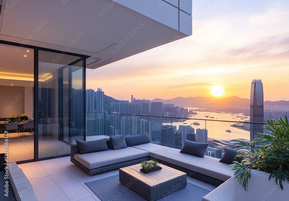 Fototapeta premium A modern city rooftop terrace at sunset, with an orange and purple gradient sky, featuring white sofas and a coffee table, background of skyscrapers and distant mountains