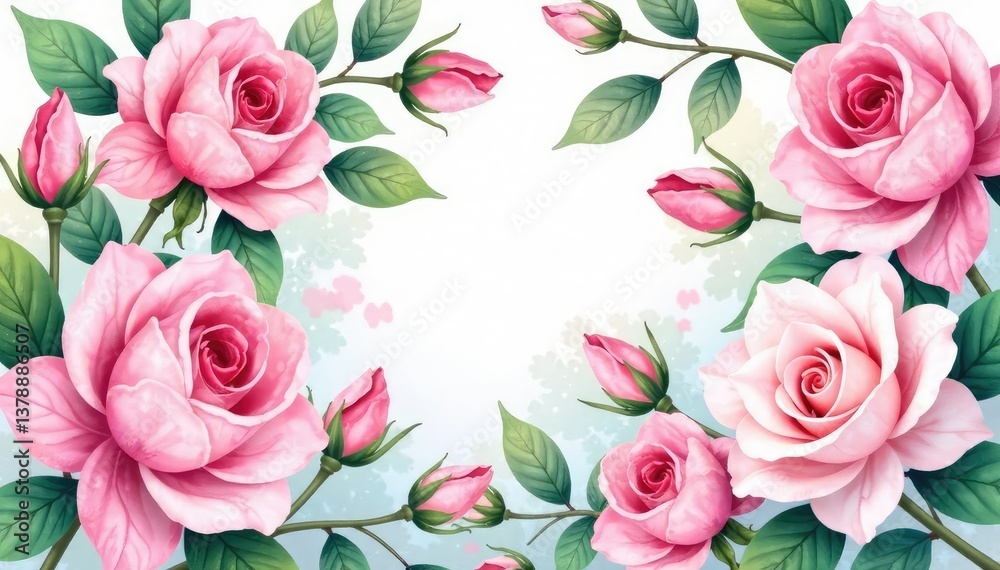 Delicate watercolor roses & leaves, blush pink hues, spring, illustration, art