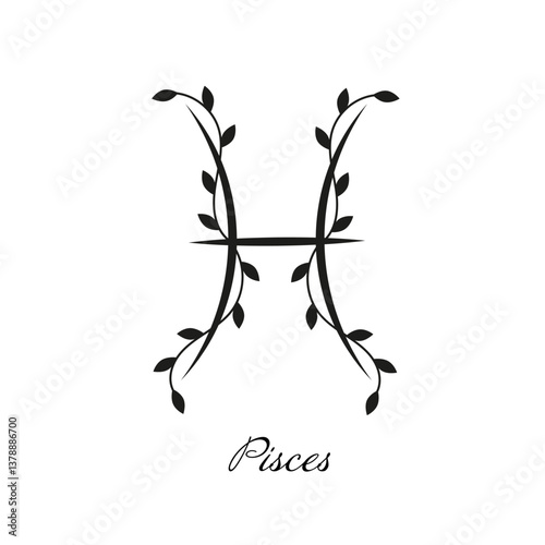 Pisces zodiac sign with black branches and leaves. Vector symbol with botanical decoration