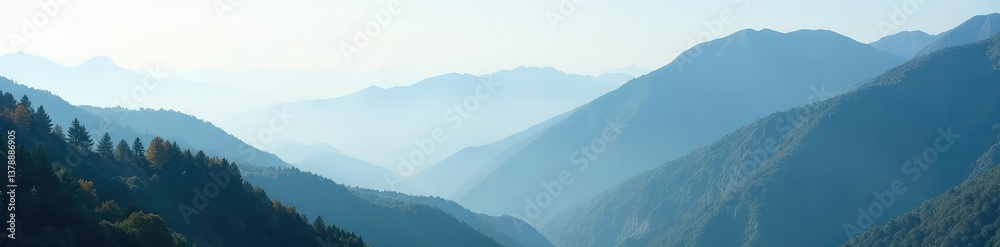 Naklejka premium Dense fog envelops a quiet mountain landscape, peaceful, stillness, wilderness