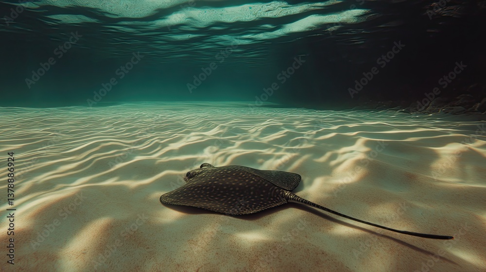 Fototapeta premium Stingray floating near seafloor, textured waves and natural forms