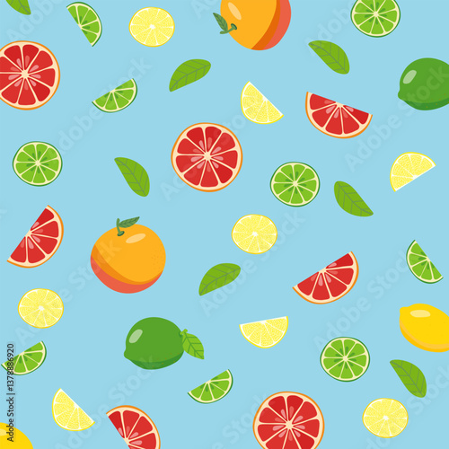 Citrus seamless floral pattern with lemon, lime, orange and grapefruit on blue background.