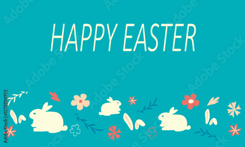 Happy Easter banner. Trendy Easter design with typography, eggs, bunny ears, on blue background. Modern minimal style. Horizontal poster, greeting card, header for website