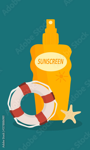 Solar protection cosmetic container with lifebuoy and starfish. Vector template spf spray product collection