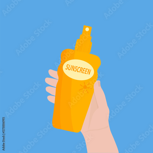 Hands holding spf gel. Concept of UV protection for skin, health care, protection sunburn, skin cancer prevention, cosmetics. Vector illustration on blue.