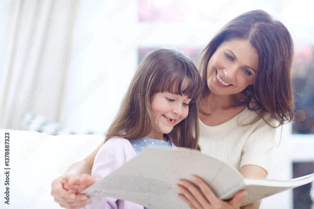 Happy, book and child reading with mother on sofa in living room for bonding together. Smile, relax and girl kid enjoying fantasy novel, story or literature with mom on couch for learning at home. Happy, book and child reading with mother on sofa in living room for bonding together. Smile, relax and girl kid enjoying fantasy novel, story or literature with mom on couch for learning at home.