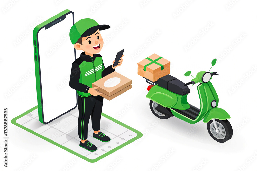 Obraz premium Cartoon Delivery Concept Illustration with Green Uniform, Scooter, Smartphone and Package for E-Commerce Services